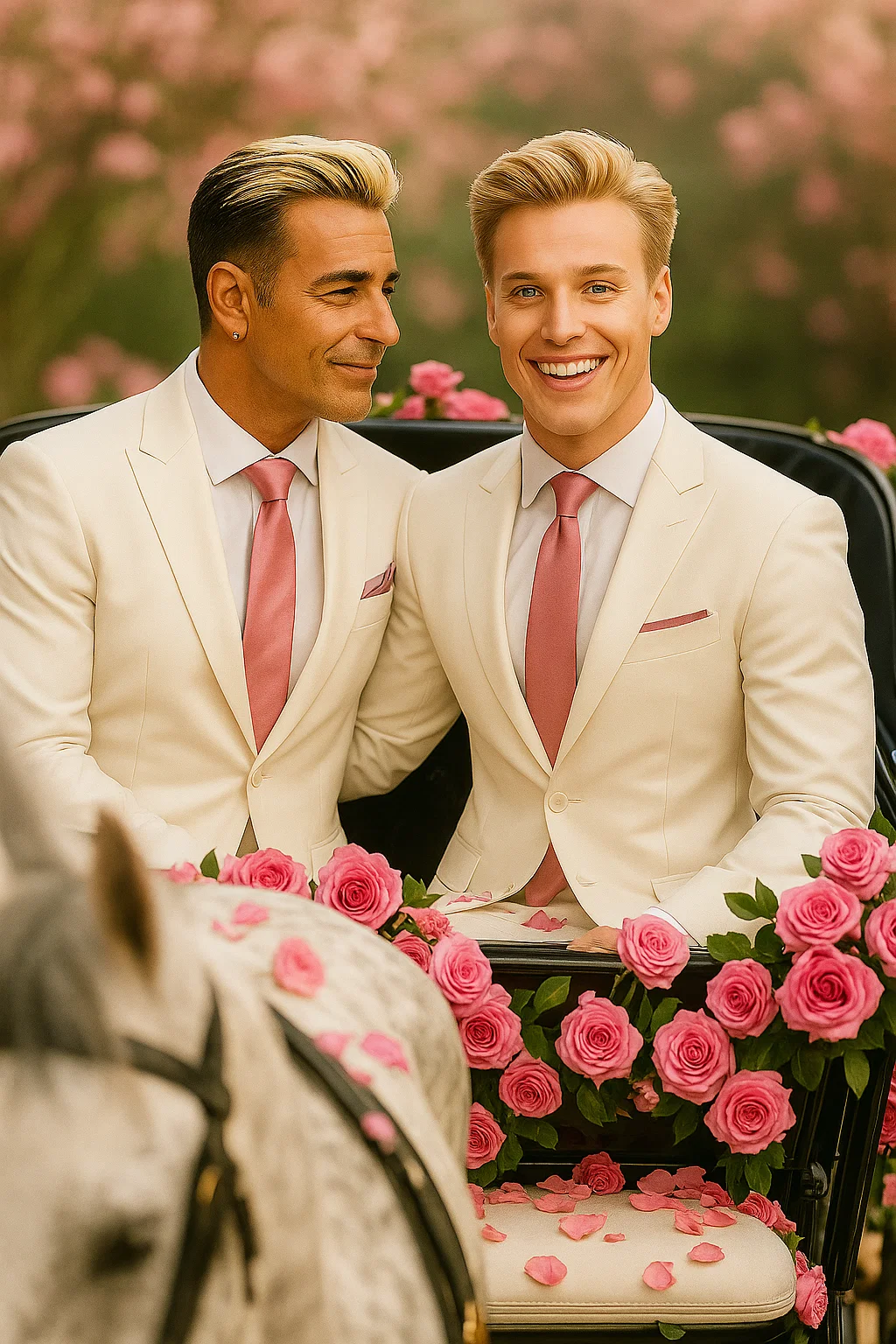 Bräutigam-Double Luca bei einer LGBTQ-Hochzeit mit Bräutigam in der Hochzeitskutsche