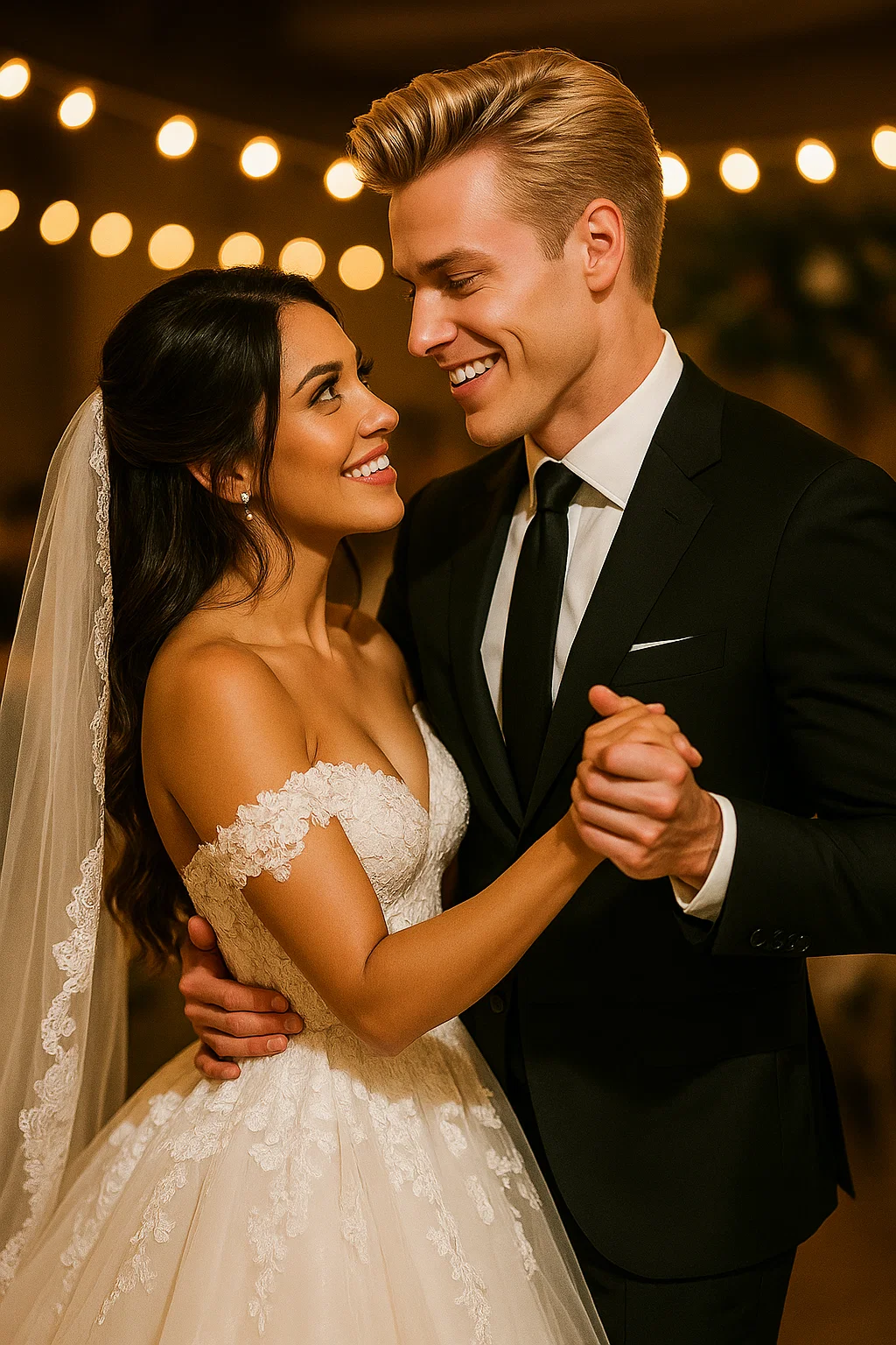 Bräutigam-Double Luca und glückliche Braut beim Hochzeitstanz